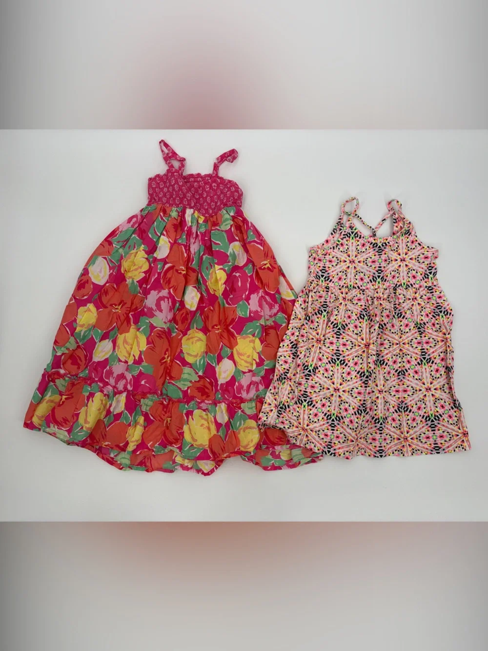 Girls Floral & Geometric Tank Dresses — Pink Multicolor